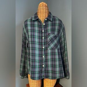 Aerie Gauzy Plaid Blue Green Women’s Button Front Shirt Size Medium Cotton